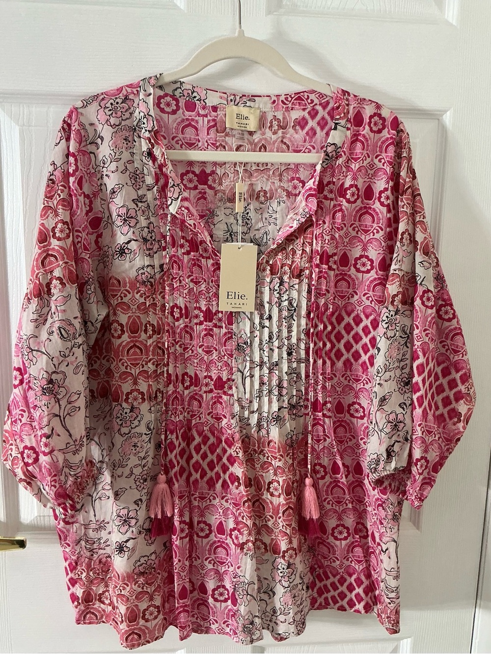 NWT Elie Tahari Pink Floral Patchwork Tunic Blouse Tassels Plus Size 1X